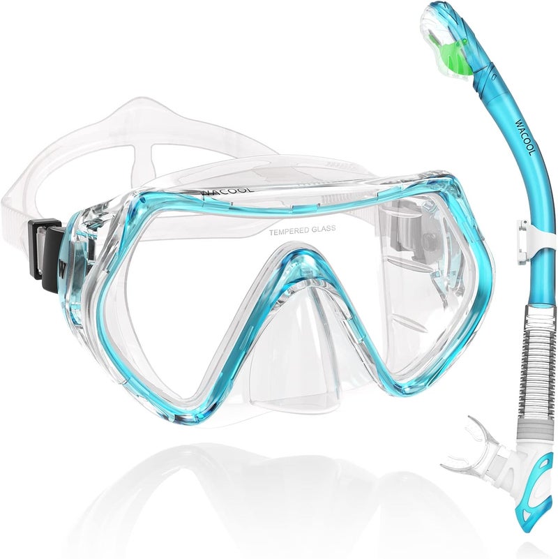 WACOOL Professional Snorkeling Snorkel Diving Scuba Package Set with Anti-Fog Coated Glass Purge Valve and Anti-Splash Silicon Mouth Piece for Men Women (Adults,Lake Blue) - Image 1